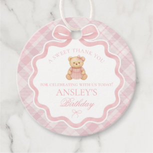 Pink Coquette Bow Bear Tartan Birthday Circle Favour Tags