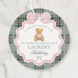 Pink Coquette Bow Bear Tartan Birthday Circle Favour Tags