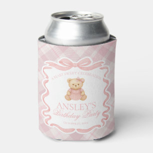 Pink Coquette Bow Bear Tartan Birthday Favor Can Cooler