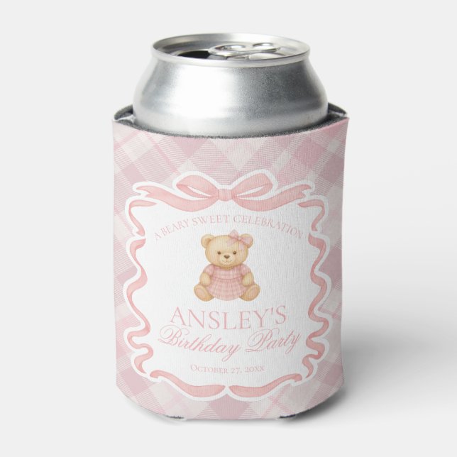 Pink Coquette Bow Bear Tartan Birthday Favor Can Cooler (Can Front)