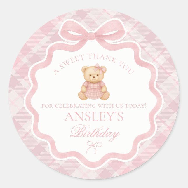 Pink Coquette Bow Bear Tartan Birthday Favor Classic Round Sticker (Front)