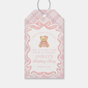 Pink Coquette Bow Bear Tartan Birthday Favors Gift Tags