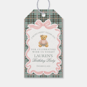 Pink Coquette Bow Bear Tartan Birthday Favors Gift Tags