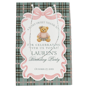 Pink Coquette Bow Bear Tartan Birthday Favors Medium Gift Bag