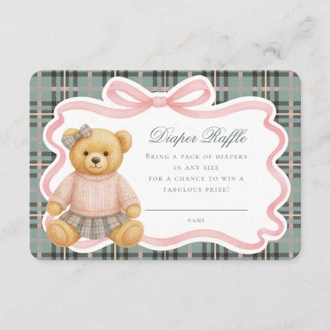 Pink Coquette Bow Bear Tartan Diaper Raffle Card (Front)