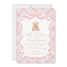 Pink Coquette Bow Bear Tartan Plaid Baby Shower