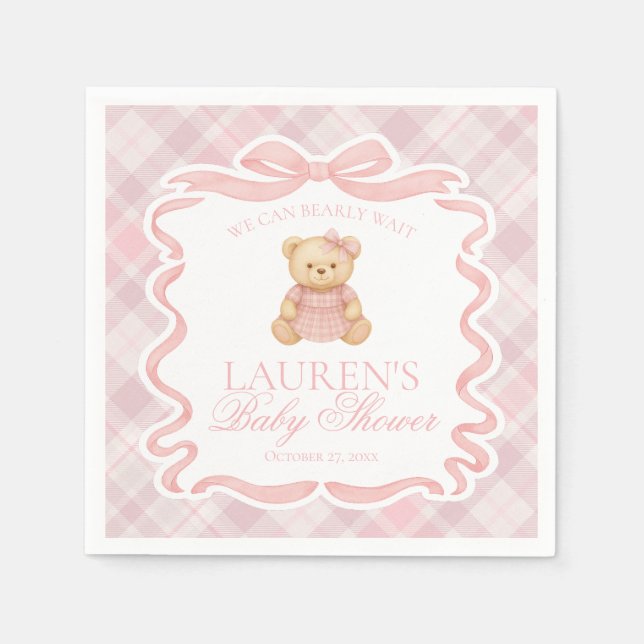 Pink Coquette Bow Bear Tartan Plaid Baby Shower Napkin (Front)