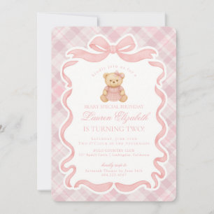 Pink Coquette Bow Bear Tartan Plaid Birthday Invitation