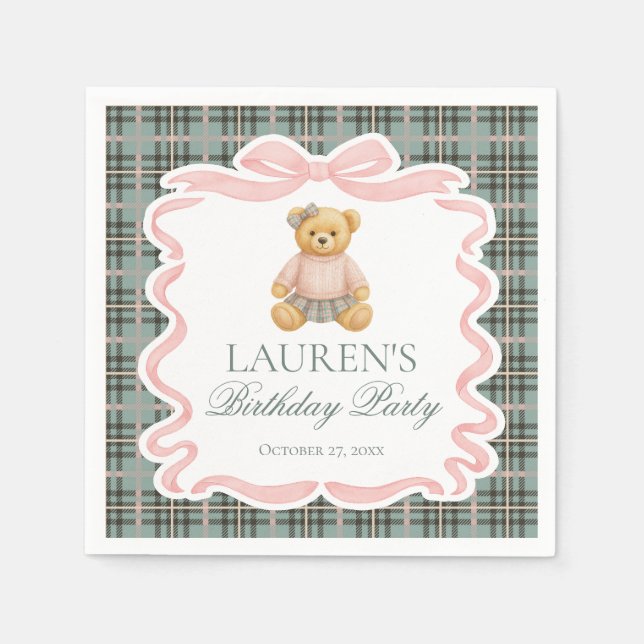 Pink Coquette Bow Bear Tartan Plaid Birthday Napkin (Front)