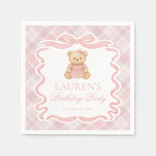 Pink Coquette Bow Bear Tartan Plaid Birthday Napkin