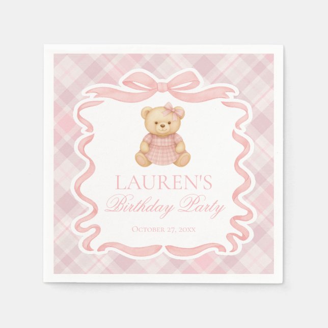 Pink Coquette Bow Bear Tartan Plaid Birthday Napkin (Front)