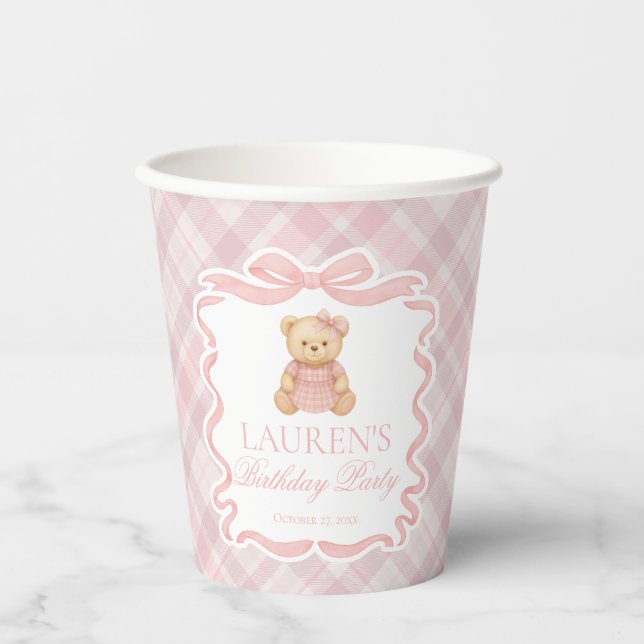 Pink Coquette Bow Bear Tartan Plaid Birthday Paper Cups (Front)