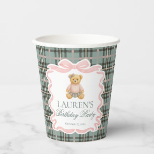 Pink Coquette Bow Bear Tartan Plaid Birthday Paper Cups