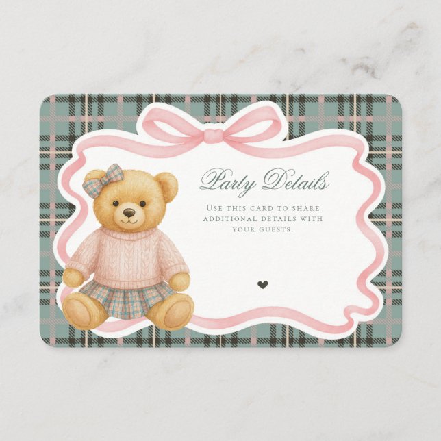 Pink Coquette Bow Bear Tartan Plaid Details Card (Front)