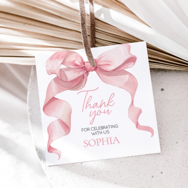 Pink Coquette Bow Birthday Party Square Favour Tag (Pink Coquette Bow Birthday Party Square Favor Tags)