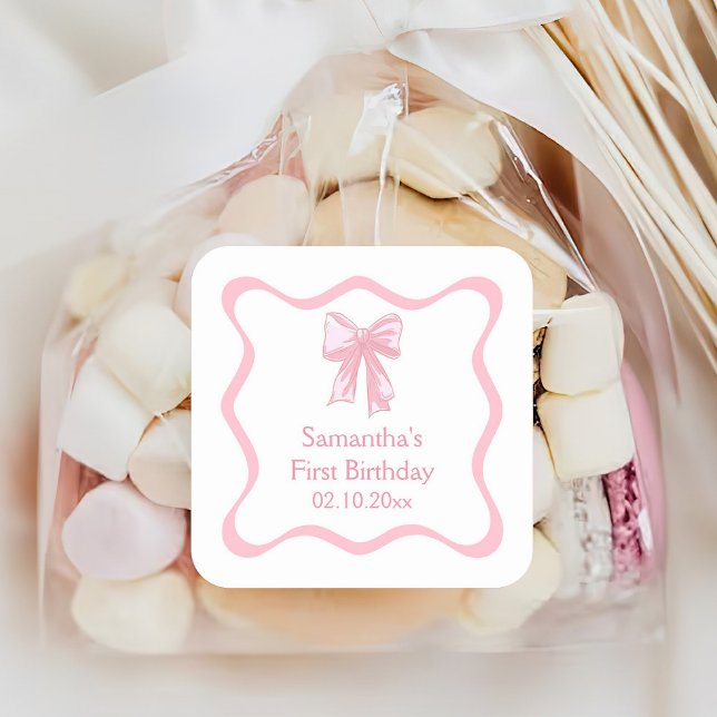 Pink Coquette Bow Birthday Party Square Sticker (Creator Uploaded)