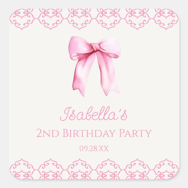 Pink Coquette Bow Birthday Party  Square Sticker (Front)