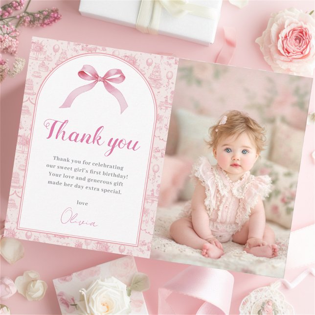 Pink Coquette Bow Birthday Photo Thank You Card (Creator Uploaded)