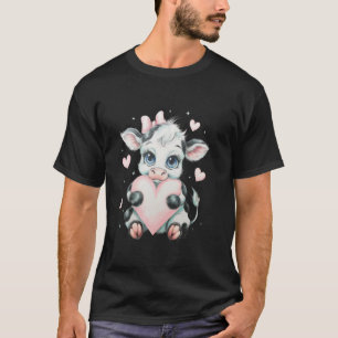 Pink Coquette Bow Black & White Cow Holding Heart T-Shirt