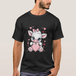 Pink Coquette Bow Black & White Cow Holding Heart T-Shirt