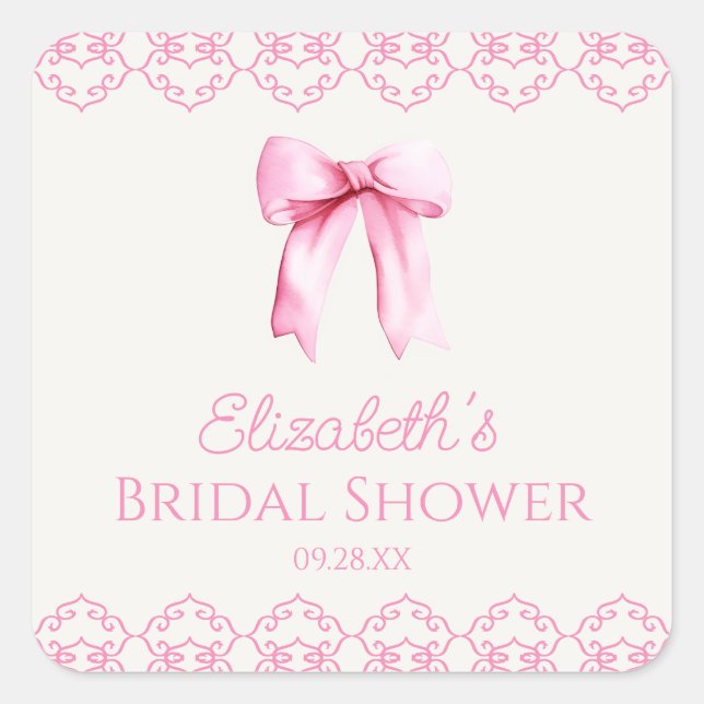Pink Coquette Bow Bridal Shower Square Sticker (Front)