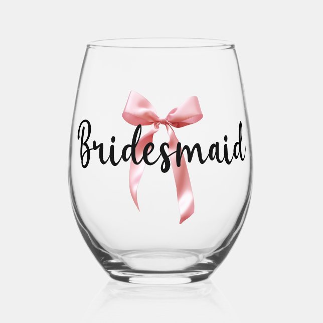 Pink Coquette Bow Bridesmaid Drinkware Set Stemless Wine Glass (Front)