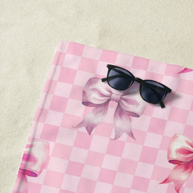 Pink Coquette Bow Chequerboard Beach Towel (In Situ)