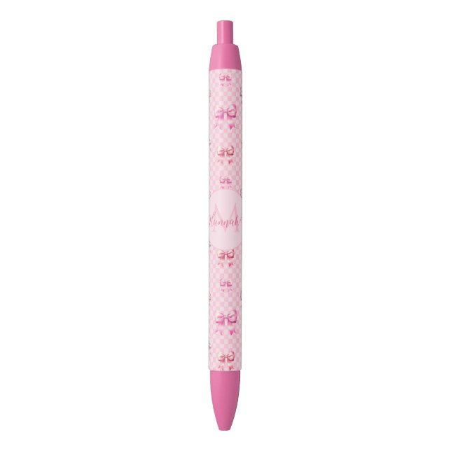 Pink Coquette Bow Chequerboard Blue Ink Pen (Front Vertical)