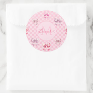 Pink Coquette Bow Chequerboard Classic Round Sticker