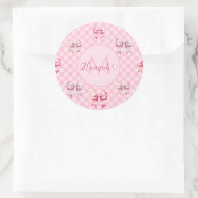 Pink Coquette Bow Chequerboard Classic Round Sticker (Bag)