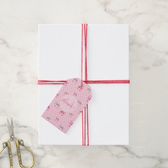 Pink Coquette Bow Chequerboard Gift Tags (With Twine)