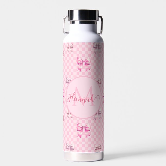 Pink Coquette Bow Chequerboard Water Bottle (Front)