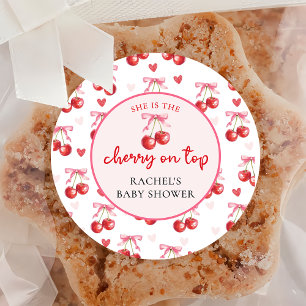 Pink Coquette Bow Cherry Baby Shower Sticker