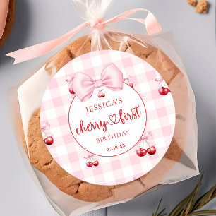 Pink Coquette Bow Cherry First Birthday Party Classic Round Sticker