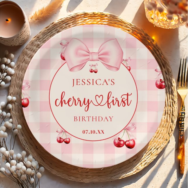 Pink Coquette Bow Cherry First Birthday Party Paper Plate (Creator Uploaded)
