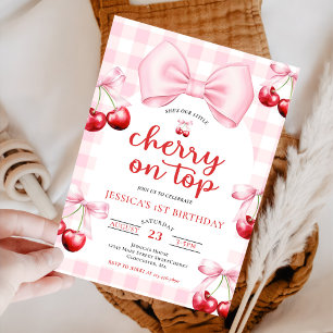 Pink Coquette Bow Cherry On Top Birthday Party Invitation