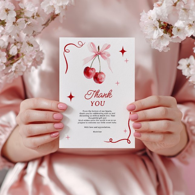 Pink Coquette Bow Cherry On top Girl Baby Shower Thank You Card (Pink Coquette Bow Cherry On top Girl Baby Shower Thank You Card)