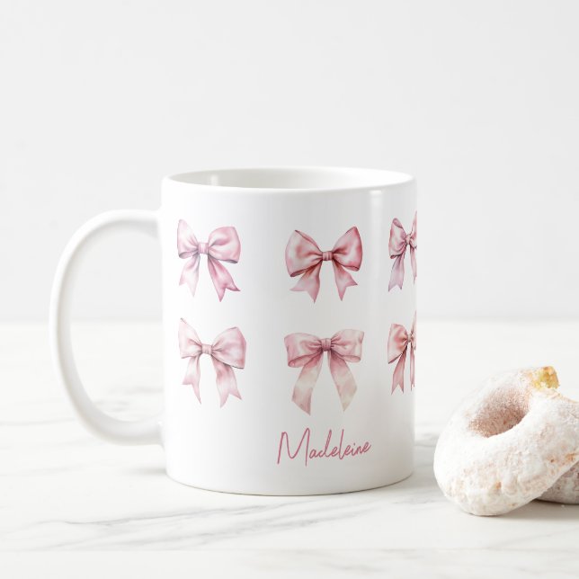 Pink Coquette Bow Custom Name Coffee Mug (With Donut)