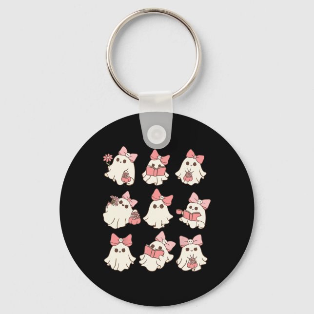 Pink Coquette Bow Cute Ghost Halloween Spooky Seas Key Ring (Front)