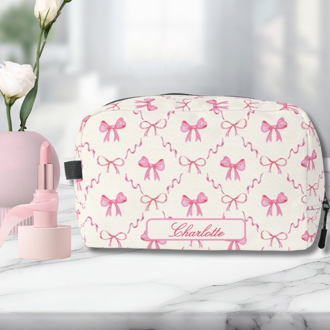 Pink Coquette Bow Dopp Kit (cute elegant pink bow coquette cosmetics bag toiletry kit with custom name in calligraphy script)