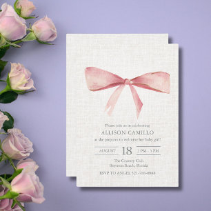 Pink Coquette Bow Faux Linen Elegant Baby Shower Invitation