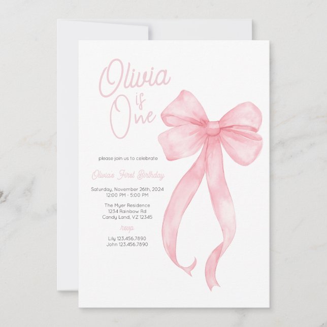 Pink Coquette Bow First Birthday Party Invitation (Front)
