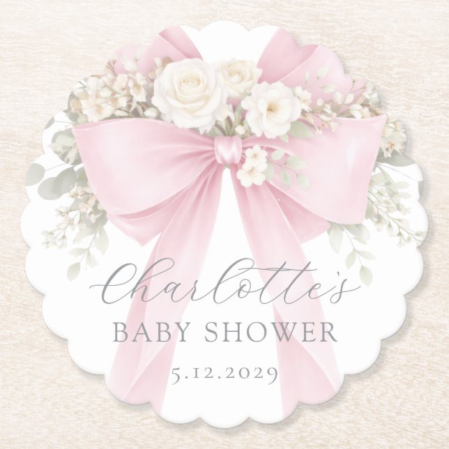 Pink Coquette Bow Floral Baby in bloom baby Shower Paper Coaster (Front)