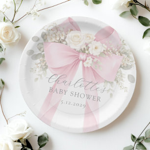 Pink Coquette Bow Floral Baby in bloom baby Shower Paper Plate