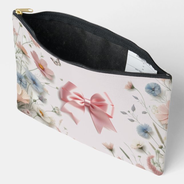  Pink Coquette Bow Floral Pattern Accessory Pouch (Open)