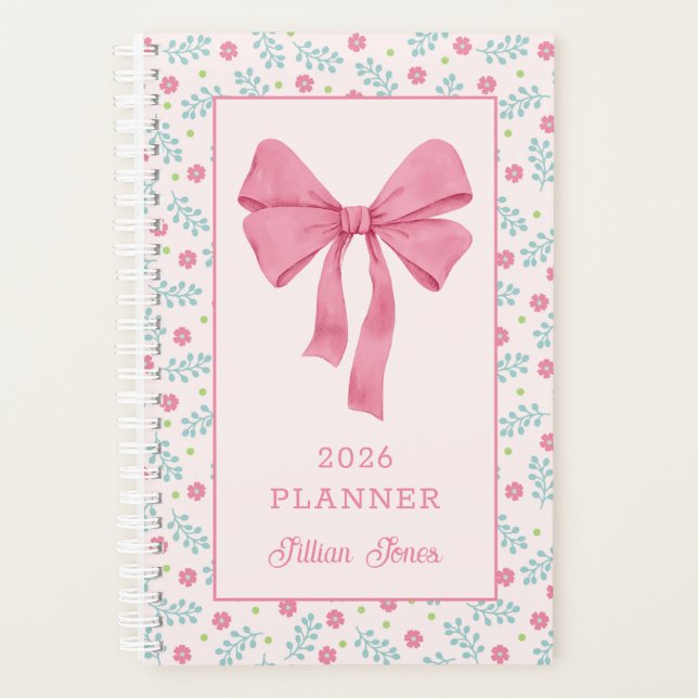 Pink Coquette Bow Floral Pattern Custom Name Planner (Front)