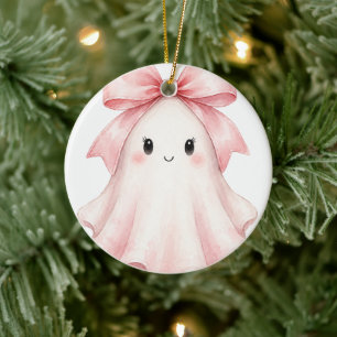 Pink Coquette Bow Ghost Halloween Ornament