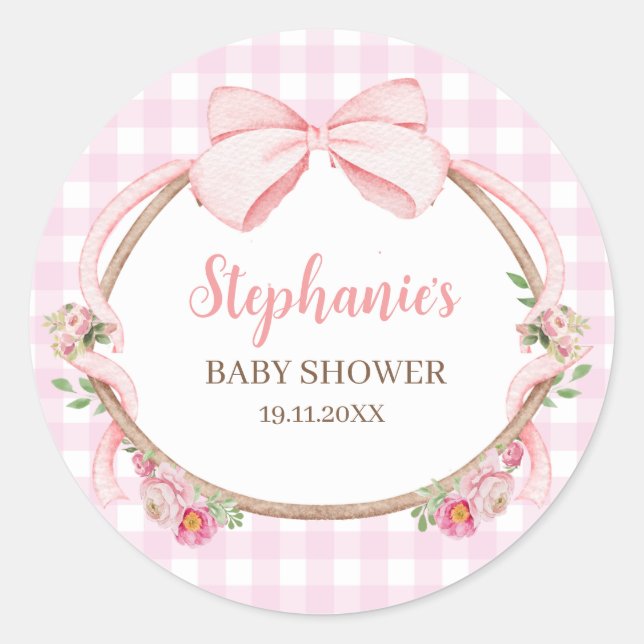 Pink Coquette Bow Gingham Classic Round Sticker (Front)