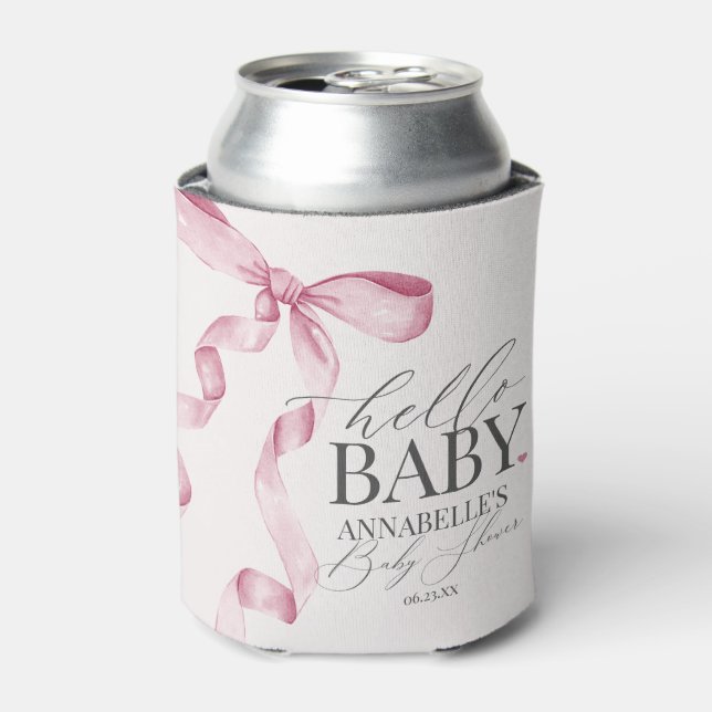 Pink Coquette Bow Girl Baby Shower Dessert Favours Can Cooler (Can Front)