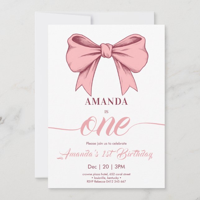  Pink Coquette Bow Girl Birthday Invitation (Front)